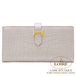GX xA Xt Oy[ NR_C AQ[^[}bg S[h HERMES Bearn Soufflet GRIS PERLE(80) Crocodile Alligator Matte Gold