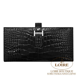 GX xA Xt N NR_C AQ[^[ Vo[ HERMES Bearn Soufflet NOIR(89) Crocodile Alligator Silver