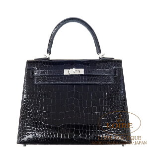 �G�����X �P���[ 25 �O�D �N�� �N���R�_�C�� �|���T�X �V���o�[���� HERMES Kelly 25 Sellier NOIR(89) Crocodile Porosus Silver