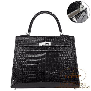 �G�����X �P���[ 25 �O�D �p�[�\�i�� �N��×�����x�g��(�x�g��×�N���X�e�b�`) �N���R�_�C�� �|���T�X �V���o�[���� HERMES Kelly 25 Sellier NOIR(89)/BETON(8L) Crocodile Porosus Silver