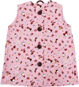 幼児スモック ピンクチェック×アリス柄 袖なし前ボタン 前開きスモック 幼稚園 幼児教室 保育園 保育所 かわいいスモック 入園 入学 幼稚園 保育園 小学校