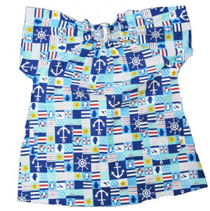 スモック 【園児・幼児】半袖スモック(ブルーパッチワーク マリーン柄 )半袖 入園 入学 幼稚園 保育園 小学校