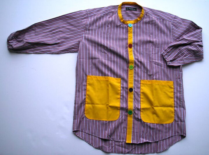 楽天市場 手作りスモック お父さんyシャツをリフォームしたスモック 黒とサックスと白とエンジのストライプ地に黄色柄 小学生サイズ図工スモック 入園 入学 幼稚園 保育園 小学校 ロリポップ