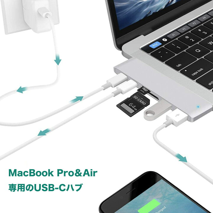 楽天市場】6in1 一体型 MacBookハブ USB Type C ハブ MacBook Pro/Air 多機能 Hub Thunderbolt 3 ポート/USB3.0 ポート/SD/MicroSDカードスロットタイプC 変換 Pro 2021/2020/2019/2018 Macbook Air : LoLo Home 楽天市場店