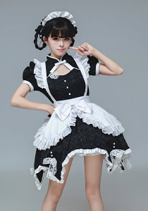 【25日限定10%OFFクーポン】メイド服 可愛い ロリータ コスプレ チャイナ風 半袖 フリル ウェイトレス レディース エプロン 黒 ブラック スカート ワンピース カチューシャ 仮装 変装 ハロウ