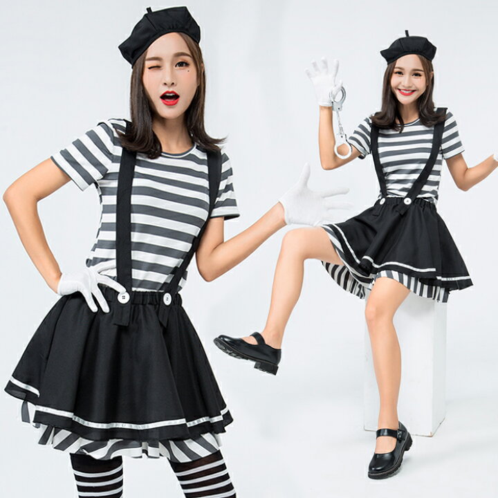 楽天市場 即納 ハロウィン コスプレ 囚人 レディース セクシー ワンピース ボーダー スカート 可愛い ハロウィン衣装 コスチューム 囚人服 ピエロ 白黒 衣装 仮装 泥棒 怪盗 ドロボー 女性 大人用 親子 ペア お揃い リンクコーデ セット S M L フレアスカート ジャンパー