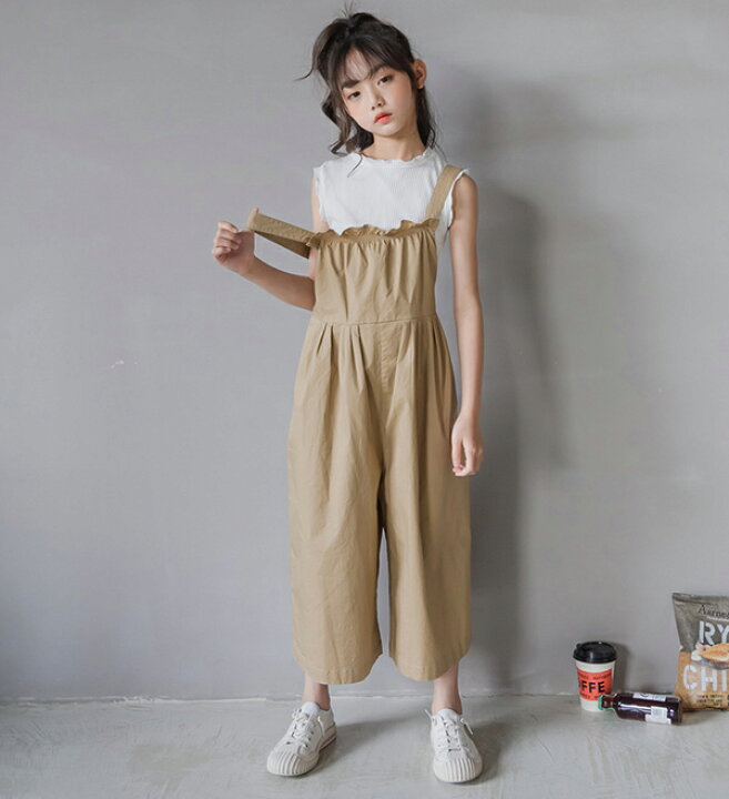 サロペット キッズ マキシ丈 一体型 キャミ パンツ ワイドパンツ オールインワン オーバーオール ロングパンツ カジュアルパンツ