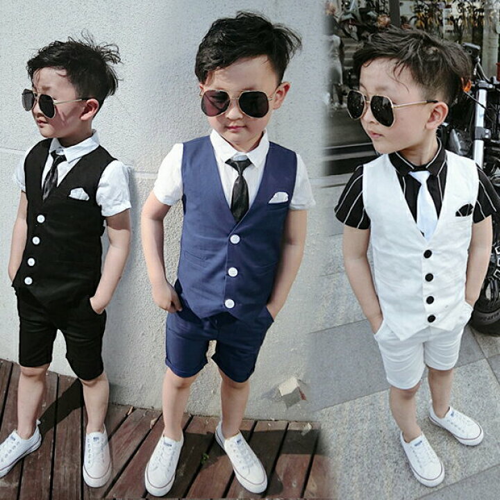 楽天市場 子供 フォーマル 男の子 スーツ 男の子 フォーマルスーツ ベビースーツ 上下セット 子供 タキシード キッズ フォーマル 4点セット ベスト Tシャツ ハーフパンツ ネクタイ 半袖 夏 子供服 洋服 卒園式 発表会 結婚式 七五三 入学式 お宮参り 入学式 卒業式