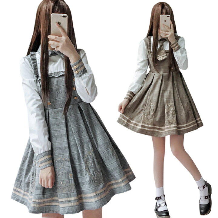 楽天市場 ロリータ服 レディース ロリータワンピース チェック 女子中高生 ロリータ風ワンピ 切り替えワンピース フレアワンピース 膝丈 ワンピース ボーダー Lolita 長袖 刺繍あり お嬢様風 普段着 送料無料 Modanic