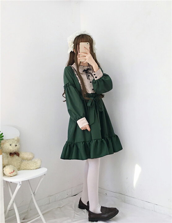 楽天市場 ワンピースレディーズ ロリータ ワンピース フリル Lolita 切り替えワンピース お嬢様 フレアワンピース 膝丈 丸襟 長袖 森ガール 洋服 ゆったり きれいめ 少女 ロング原宿系原宿系 通勤 通学 可愛いイベント衣装 学園祭 春秋 仮装 パーティ お花見 送料無料
