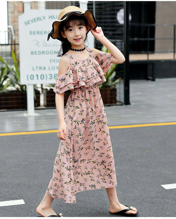 楽天市場 肩出しワンピース キッズ 女の子 オフショルダー 肩だし プルオーバー シフォン 花柄ワンピース 夏着 女の子 キッズ用 1 130 140 150 160cm ロング マキシ リゾートワンピース Modanic