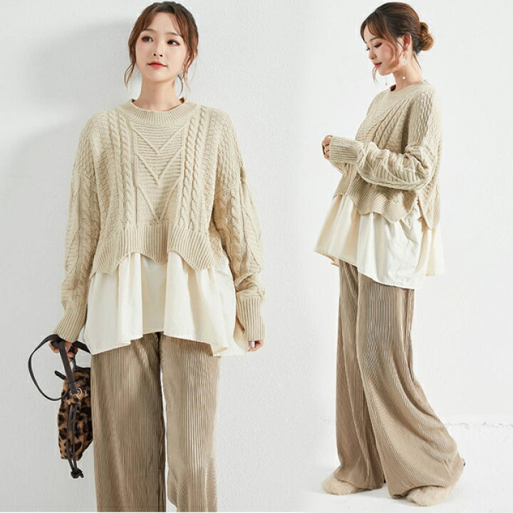 楽天市場 重ね着風ニット レディース セーター ニットトップス 丸襟 ニット 重ね着 セーター 異素材ミックス クルーネック レディース ニットセーター ドロップショルダー カジュアル ニットトップス チュニック 韓国風 可愛い セーター フリーサイズ Modanic