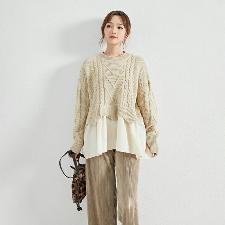 楽天市場 重ね着風ニット レディース セーター ニットトップス 丸襟 ニット 重ね着 セーター 異素材ミックス クルーネック レディース ニットセーター ドロップショルダー カジュアル ニットトップス チュニック 韓国風 可愛い セーター フリーサイズ Modanic