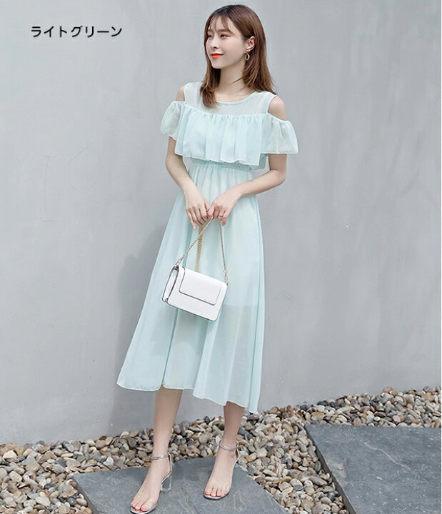 楽天市場 一部即納 マキシワンピース オフショルダー 肩出しワンピース ボヘミアン シフォンワンピース ロング丈 フレアワンピース 花柄 純色 フリル袖 透け感 サンドレス マキン丈 夏ワンピー 体型カバー リゾート 肩だし カジュアル パーティー デート Modanic