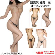 超光沢 オープンクロッチ ボディストッキング 極薄 1D レディース オールスルー 穴あき セクシー 1デニー…
