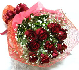 真っ赤なバラ10本とカスミソウを花束にして　生花　花束　誕生日　お祝い　記念日　フラワーギフト　バラ