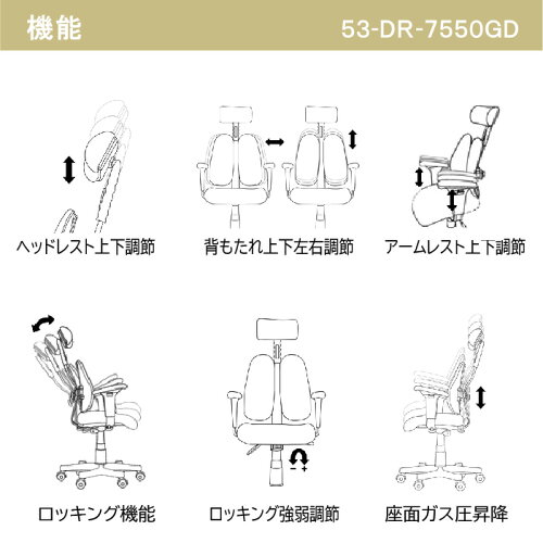 オフィスチェアデュオレスト腰痛対策ヘッドレストロッキングアームレスト背もたれ調節キャスター付きガス圧昇降チェアイスオフィスDR-7550GD