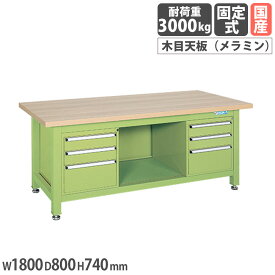 【SS限定P5倍3/10 13-15時&最大1万円クーポン3/4-10】 超重量作業台 サカエ Wタイプ 3段キャビネット2個付 メラミン木目天板 幅1800×奥行800×高さ740mm 本体グリーン 天板木目調 作業テーブル 日本製 WM-83F3B