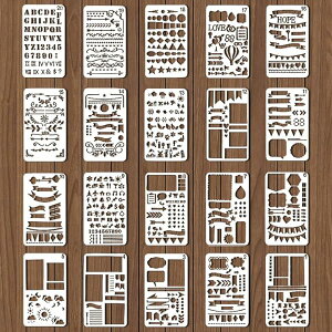 ステンシルシート 【20枚セット】 テンプレート 手帳用 描画テンプレート 製図用テンプレート 描画ツール 数字 文字 図形ステンシル 透かし彫り 水洗い可 塗り絵 DIYアルバム 手帳 メッセー