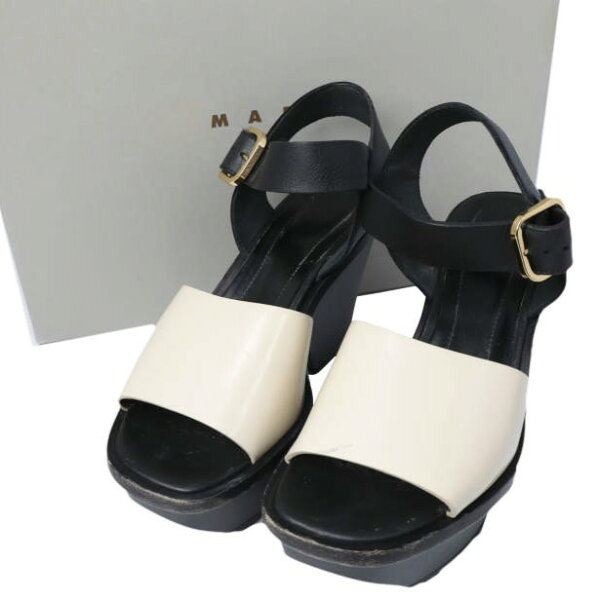 MARNI マルニ イタリア製 ZEPPA WEDGE ウエッジソール レザーストラップサンダル ZPMSU25G10 LV692 38(25cm) ALABASTER(BLACK/BEIGE) シューズ【中古】【MARNI】