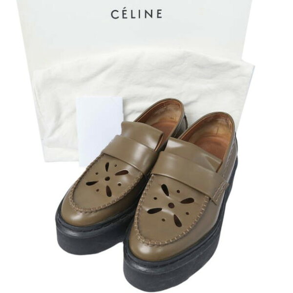 CELINE セリーヌ イタリア製 フィービー期 Perforated Loafer 厚底ラバーソール カットワークローファー 315373PENC 37(24cm) TAUPE レザー シューズ【中古】【CELINE】