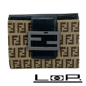 ■新同■　フェンディ 2つ折り 財布 ズッキーノ ロゴ レザー キャンバス ブラウン 【397622】5 【中古】