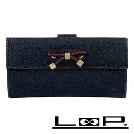 緊急値下げ　■美品■　グッチ 長財布 サイフ 二つ折り リボン GG キャンバス レザー ブラック 167464【223532】□ 【中古】