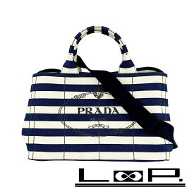 ■美品■　プラダ カナパM 2WAY トート ハンド ショルダー バッグ キャンバス ホワイト ネイビー ボーダー B2642B 【423468】9 【中古】