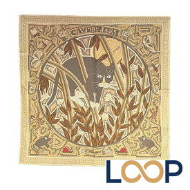 エルメス ■新同■ カレ90 スカーフ CAVE FELEM 猫に注意 ファッション シルク ベージュ 箱 【710469】3 【中古】