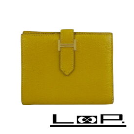 エルメス ■中古■ ベアン コンパクト 二つ折り 財布 ウォレット イエロー シェーブル GP C刻 箱 【593383】11 【中古】