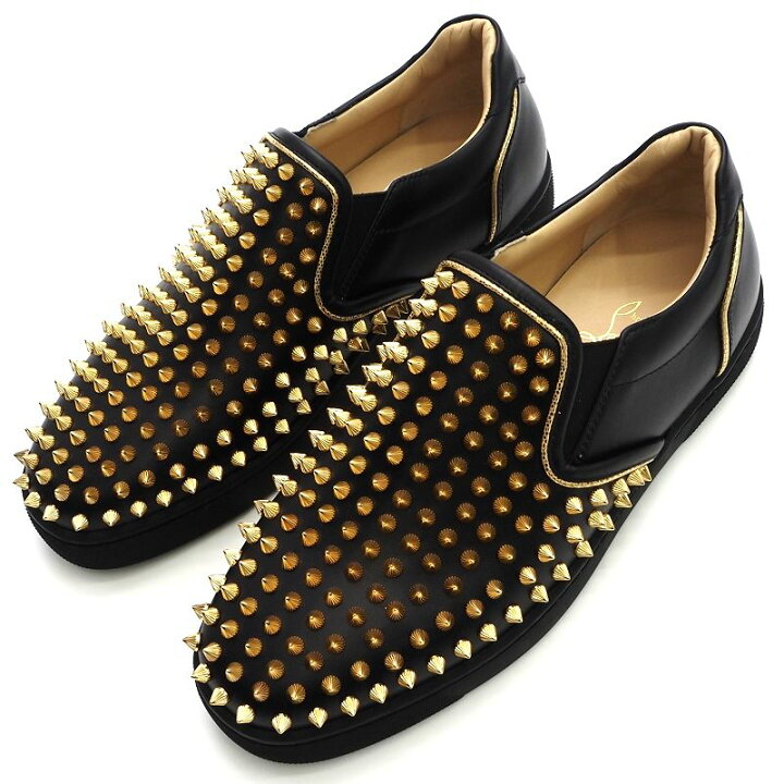 新品 Christian Louboutin スパイクスタッズ レザースニーカー 【サイズ:40】 ブラック×ゴールド スリッポン 1180182 SAILOR BOAT SPIKES FLAT CALF/LAM クリスチャンルブタン メンズ 5L/K02520/FNOV30/SYM |