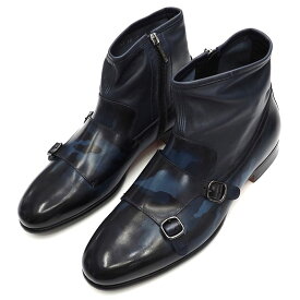 未使用品 Santoni レザーブーツ 【サイズ：UK8】 ネイビー カモフラージュ 14498 ダブルモンク サイドジップ サントーニ メンズ 5L/J0453S/HCTB25/HM/SYM