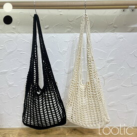 【 lootic 】 ショルダーバッグ トートバッグ レディース バッグ サブバッグ メッシュ ニット 巾着 透かし編み 肩掛け 大きめ ブラック アイボリー 黒 かごバッグ マルシェバッグ おしゃれ ナチュラル lootic [3-b3377-c]