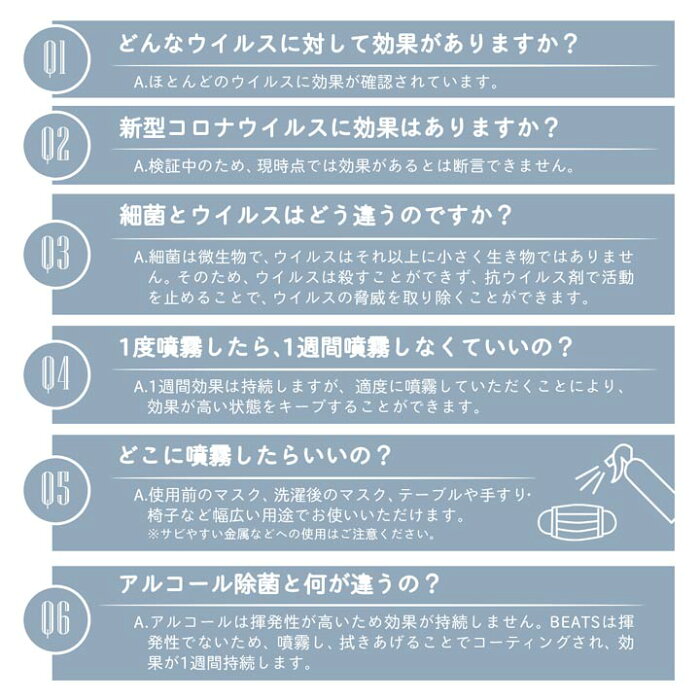 除菌剤BEATSビーツウイルス菌対策ウイルス除去抗ウイルススプレー|除菌剤除菌スプレー除菌感染予防感染対策予防対策対策予防風邪対策ウイルス対策風邪ウイルス衛生用品マスクスプレー