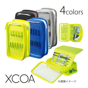 XCOA リバーシブルクリヤー ペンケース 筆箱 大容量 クリア 小学生 中学生 高校生 リヒトラブ ペンホルダー部収納数5本 文具 ブラック ブルー イエロー グレー 収納 おしゃれ 仕切り メッシュ