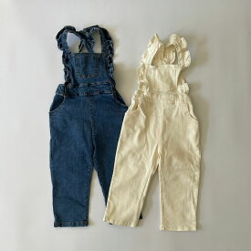 キッズ ジュニア 女の子 デニム フリル サロペット denim frill salopette オーバーオール オールインワン ホワイトデニム ブルーデニム コットン 可愛い 韓国 90cm 100cm 110cm 120cm 130cm 140cm 150cm インポート 海外 輸入 子供服 オールシーズン