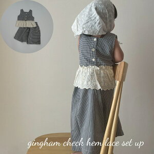 xr[ LbY ̎q ZbgAbv gingham check hem lace set up MK`FbN [X m[X[u Rbg  ؍  70cm 80cm 90cm 100cm CO A q t  H 