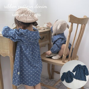 LbY xr[ ̎q  p[X s[X ribbon pattern denim rompers & ops { fj t o 낢 N  ؍  60cm 66cm 70cm 73cm 80cm 90cm 100cm 110cm 120cm 130cm C|[