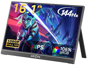 ARZOPA 16.1�C���` �Q�[�~���O���j�^�[ 144Hz ���o�C�����j�^�[ �t��HD IPS�����p�l�� �����X�^���h�t HDR�Ή� �u���[���C�g�y�� Switch/PS5/PC�Ή� USB/Type-C/mini HDMI Z1FC