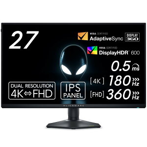 Dell AW2725QF-A 27�C���` �f���A���𑜓x(4K/FHD) Alienware �Q�[�~���O���j�^�[(IPS,�����/DP1.4x1,HDMI2.1x2/DCI-P3 95%/�c����],��������/0.5ms,360Hz(FHD),180Hz(4K),G-SYNC Compatible,DisplayHDR 600)