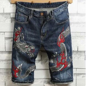 ハーフパンツ デニム メンズ デニムパンツ 刺繍 龍 短パン ショートパンツ ダメージ 和柄 和風 ストレッチ ジーンズ スリム ストリート おしゃれ 春コーデ