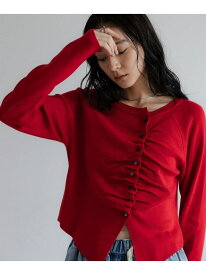 アシメギャザーボタンカーディガン LOWRYS FARM ローリーズファーム トップス ニット グレー ブラック ホワイト レッド【送料無料】[Rakuten Fashion]