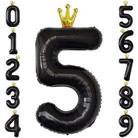 GRESATEK バルーン 数字 風船 誕生日 黒 40インチ 大きい ナンバー5 バースデーバルーン 王冠付き クラウン 飾り付け 結婚式 パーティー 記念日 ウェディング ブラック
