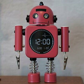 D-MASTERY 子供 置き時計 ロボット時計 プレゼント かわいい 目覚まし時計 アラーム機能付き 温度計付き 卓上時計 金属マット感 (赤)