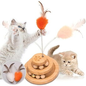 猫 おもちゃ 猫 ボール ぐるぐるタワー ペット用品 木製おもちゃ: 猫遊び用 遊ぶ盤 鈴入りボール 回転ボール 猫 玩具 安全素材 - 猫 運動不足 ストレス解消 知育 おもちゃ 2層（鈴、羽）