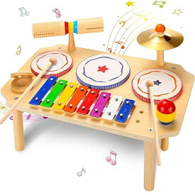 OATHX 音楽楽器玩具キッズドラムセット 幼児用ベビー楽器おもちゃ 9で1 木製木琴 幼児ドラムセット 打楽器 音楽玩具 子供 男の子 女の子への誕生日プレゼント