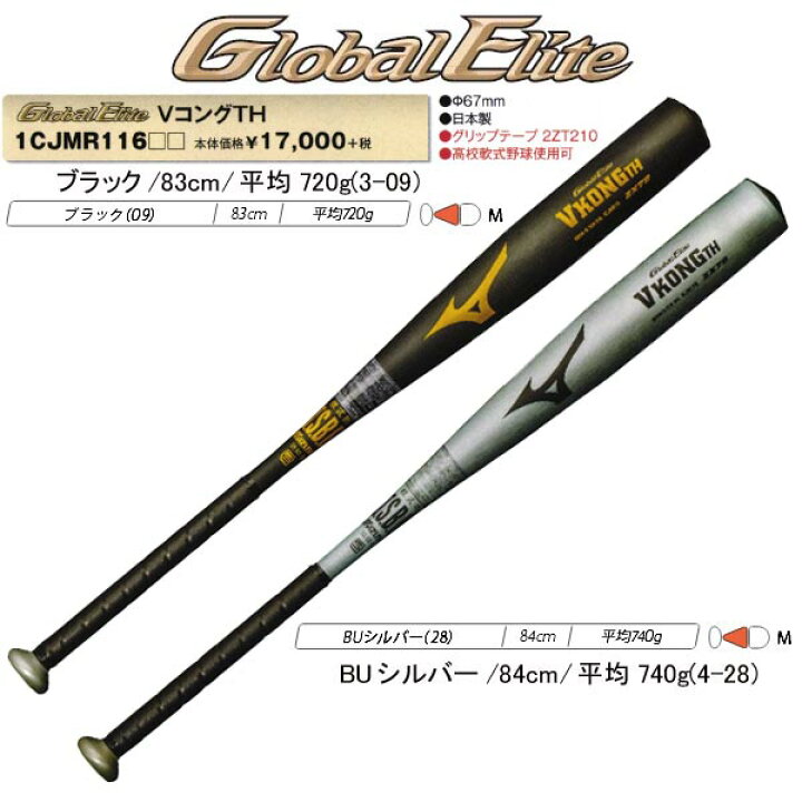 楽天市場】ミズノ 野球 軟式金属バット グローバルエリート VコングTH 
