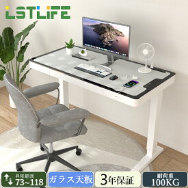 LSTLIFE 昇降デスク 電動昇降 昇降式デスク ガラス天板 スタンディングデスク USB口付き 上下昇降 オフィスワーク 組み立て簡単 引き出し付き メモリー機能付き 在宅勤務 幅120cm x 奥行き60cm ホワイト【3年保障】