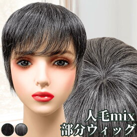 白髪ウィッグ 白髪かつら 部分ウィッグ ヘアピース ポイントウィッグ 白髪 グレイヘア トップウィッグ トップカバー ポイントピース 増毛かつら レディース 人毛ミックス ウィッグ 医療用 つむじ 頭頂部 ワンタッチ トップピース ストレート