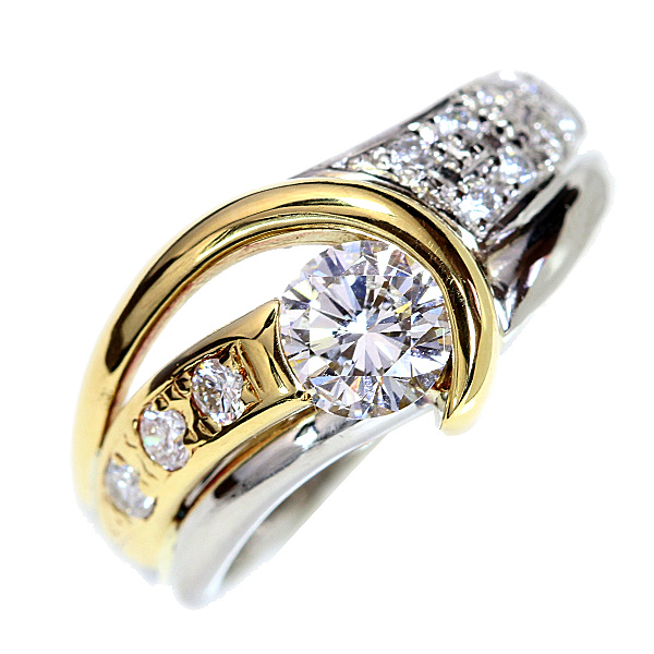 大粒 ダイヤモンド 0.570カラット リング 指輪 18金イエローゴールド K18 プラチナ PT900 ボリュームたっぷりのコンビデザイン  白・透明(ホワイト)  届5 ギフト 1点もの
